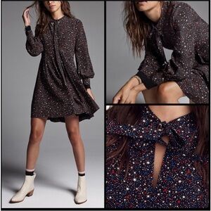 Madewell Balsam Tie-Neck Dress 10 Starry Night 100% Silk USA fit & flare America